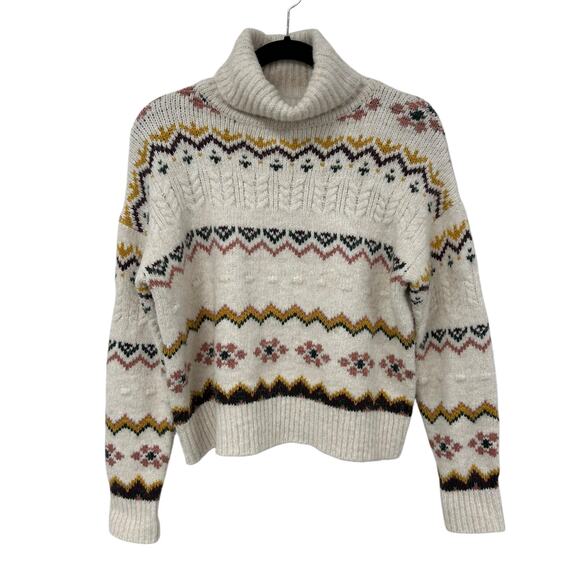 Evereve Cream Multi Lyra Fair Isle Wool Knit Blend Turtleneck Sweater Womens XS - Picture 2 of 6